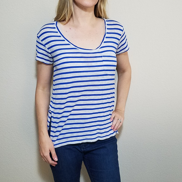 MADEWELL GRAY GREY BLUE STRIPE TEE TOP MEDIUM - Picture 2 of 5